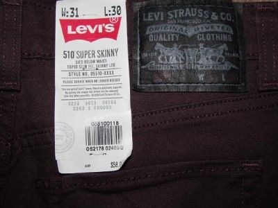 NEW LEVIS 510 SUPER SKINNY JEANS SZ 31x30 RETAIL $58  