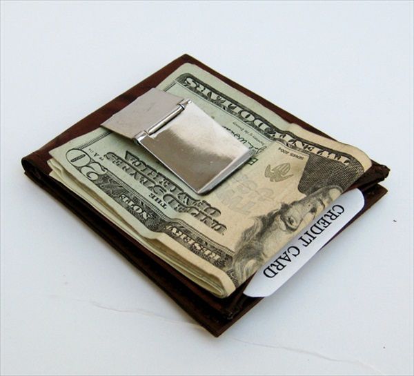 BROWN LEATHER Bifold MONEY CLIP Credit ID Wallet Holder  