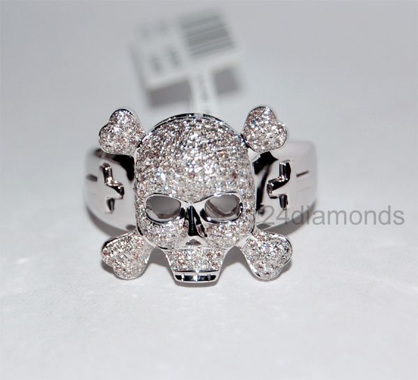 14K White Gold Mens SKULL Cross 1.00 ct Diamond Ring  