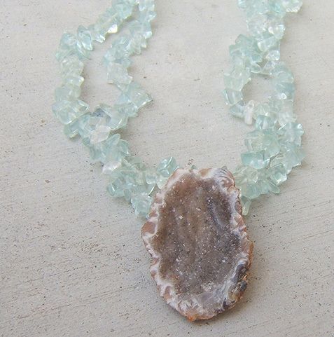 DRUZY GEODE CRYSTAL SUGARY ICE PENDANT NECKLACE AQUA BLUE QUARTZ 