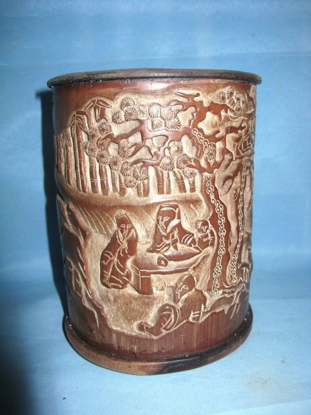 Chinese antique bamboo figures flower carved brush pot  