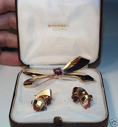 RETRO TIFFANY & CO. Amethyst GOLD Brooch & Earrings SET  