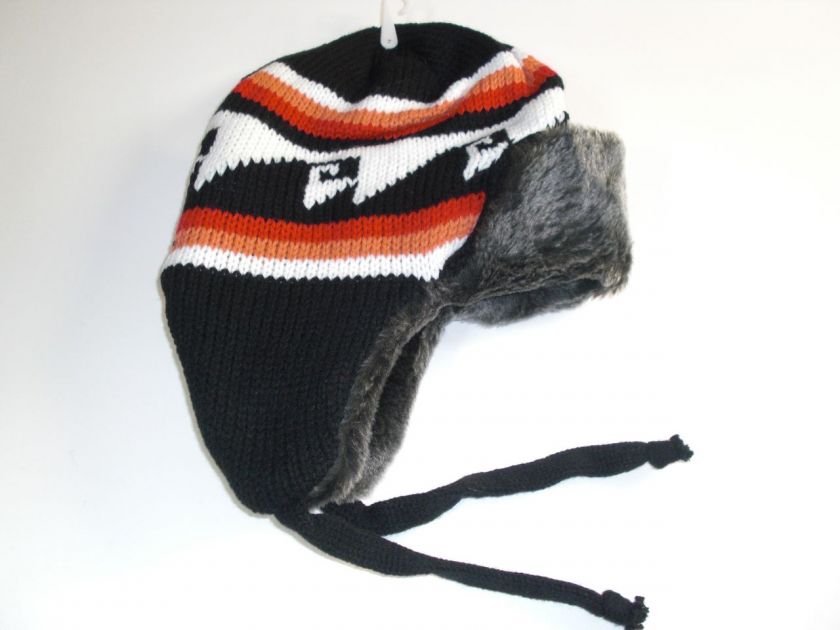 New BLK/WHT FAUX FUR KNIT Cold Weather Floppy SKI HAT  