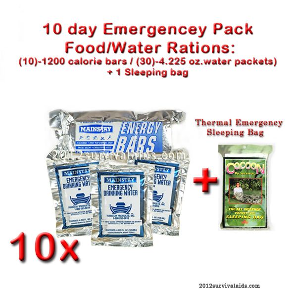   SURVIVAL FOOD/WATER RATIONS PACK 10 DAY SUPPLY W/1COCOON SLEEPING BAG