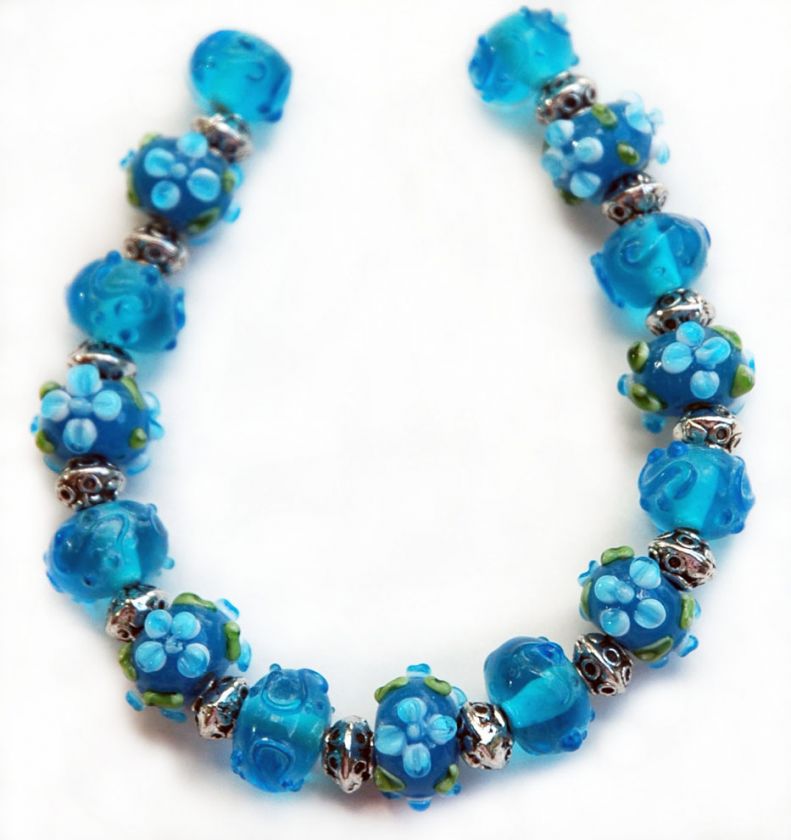 HANDMADE LAMPWORK TEAL BLUE FLOWER GLASS BEADS B392  