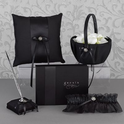 Elegant Black Wedding Set;Guest Book; Pillow; Garter  