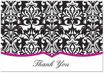 50Ct. Fuchsia Black Damask Thank You Cards Wedding  